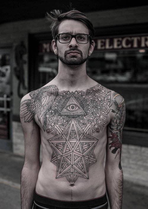 Optical Illusion Grey Ink Tattoo On Chest